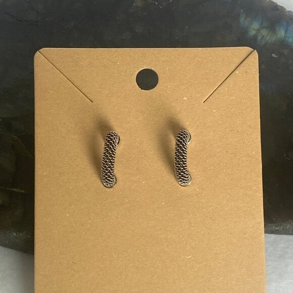 Oxidized Sterling Silver 925 Pap Twisted Braid Half Hoop Earrings 14K Gold Post - Picture 4 of 16